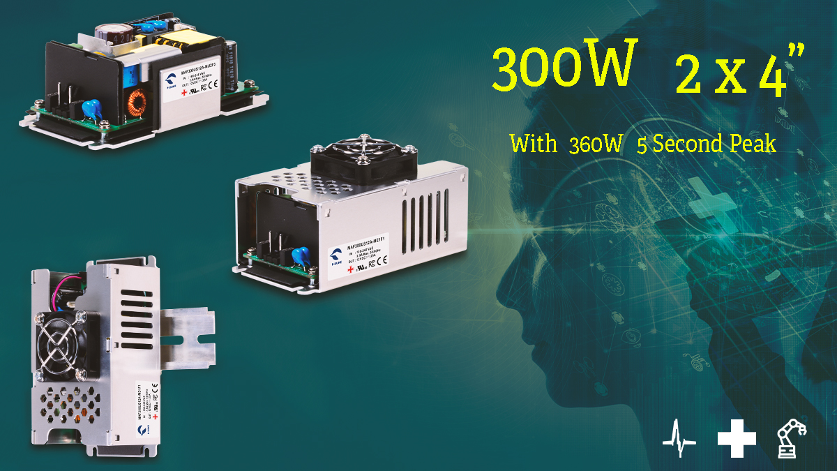 High power density 300W 2x4” dual approved AC-DC PSUs, in many mechanical formats with a 360W peak