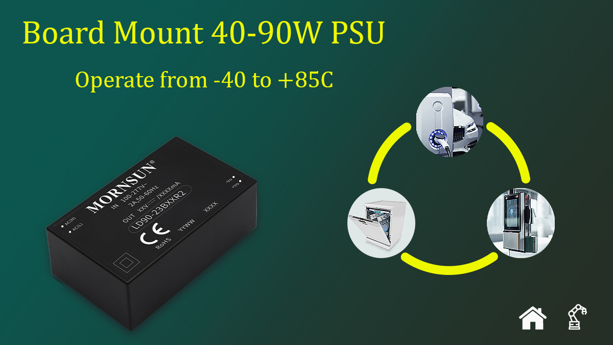 85-305VAC Board Mount 40-90W AC-DC PSUs Operate from -40 to +85°C